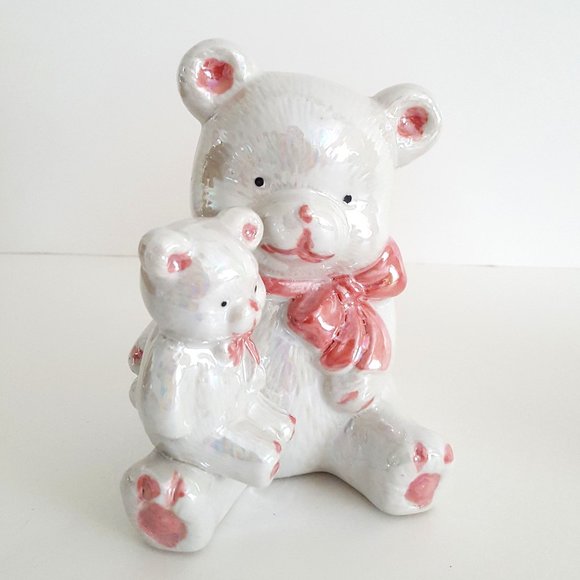 Baby Shower Nursery Decor Pink and White Opalescent Ceramic Teddy Bear - Picture 1 of 3